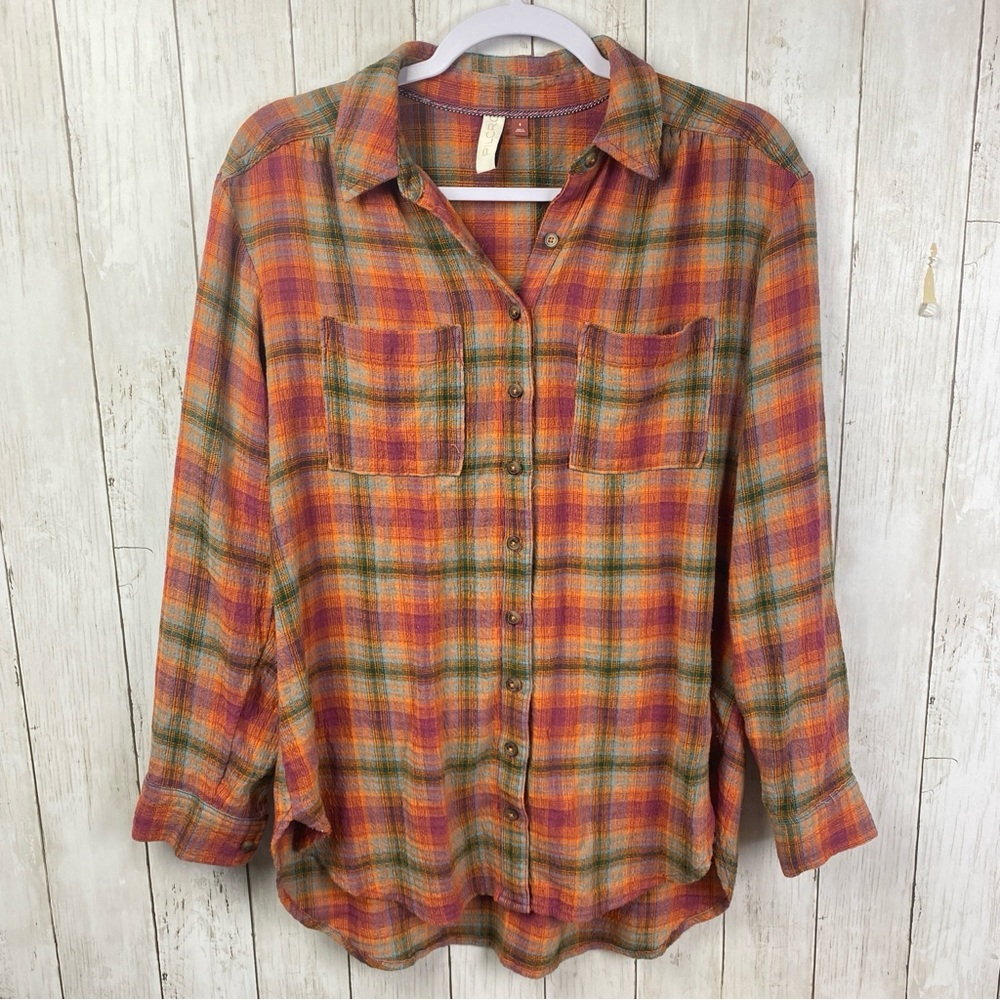 Anthropologie Pilcro Orange Plaid Oversized Button Front Shirt Small